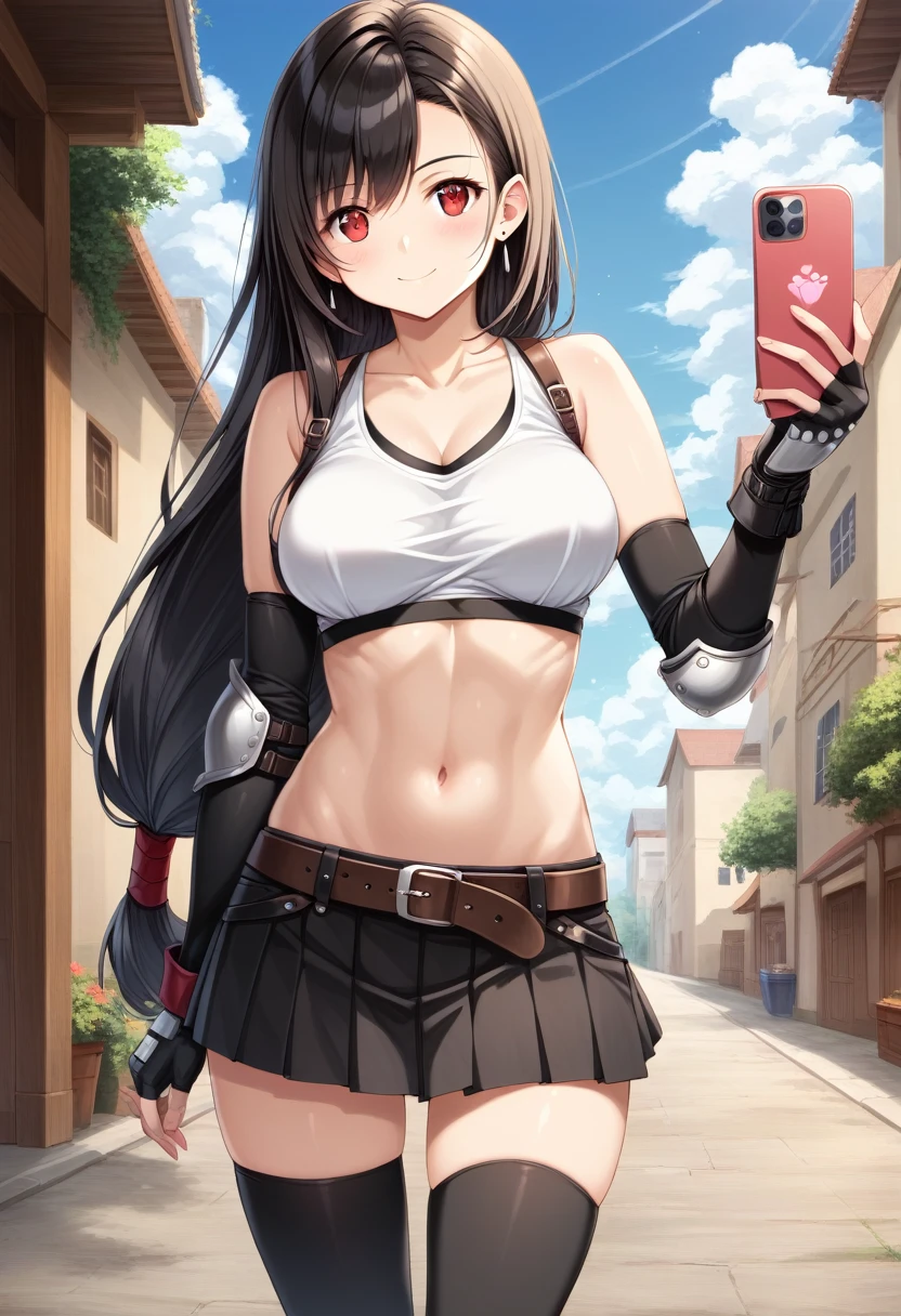 score_9, score_8_up, score_7_up, dynamicangle,breast focus,,(soro focus),contrapost pose,(close-up),selfie,upperbody,looking_at_viewer ,1girl, tifa lockhart, final fantasy,(beautiful woman). black hair, low-tied long hair, red eyes, bangs, white tank top,gap, belt, pleated skirt, thighhighs, elbow fingerless gloves, elbow pads, midriff, navel,(suspender), skirt.zettai ryouiki ,(large_breasts:1.2),(perky breasts),(light smile),slender_waist:1.2 ,Solo,,(daytime and outdoors),(masterpeace),(best quality),(aesthetic,very aesthetic),photorealistic,highly detailed,superior contrast,super-resolution