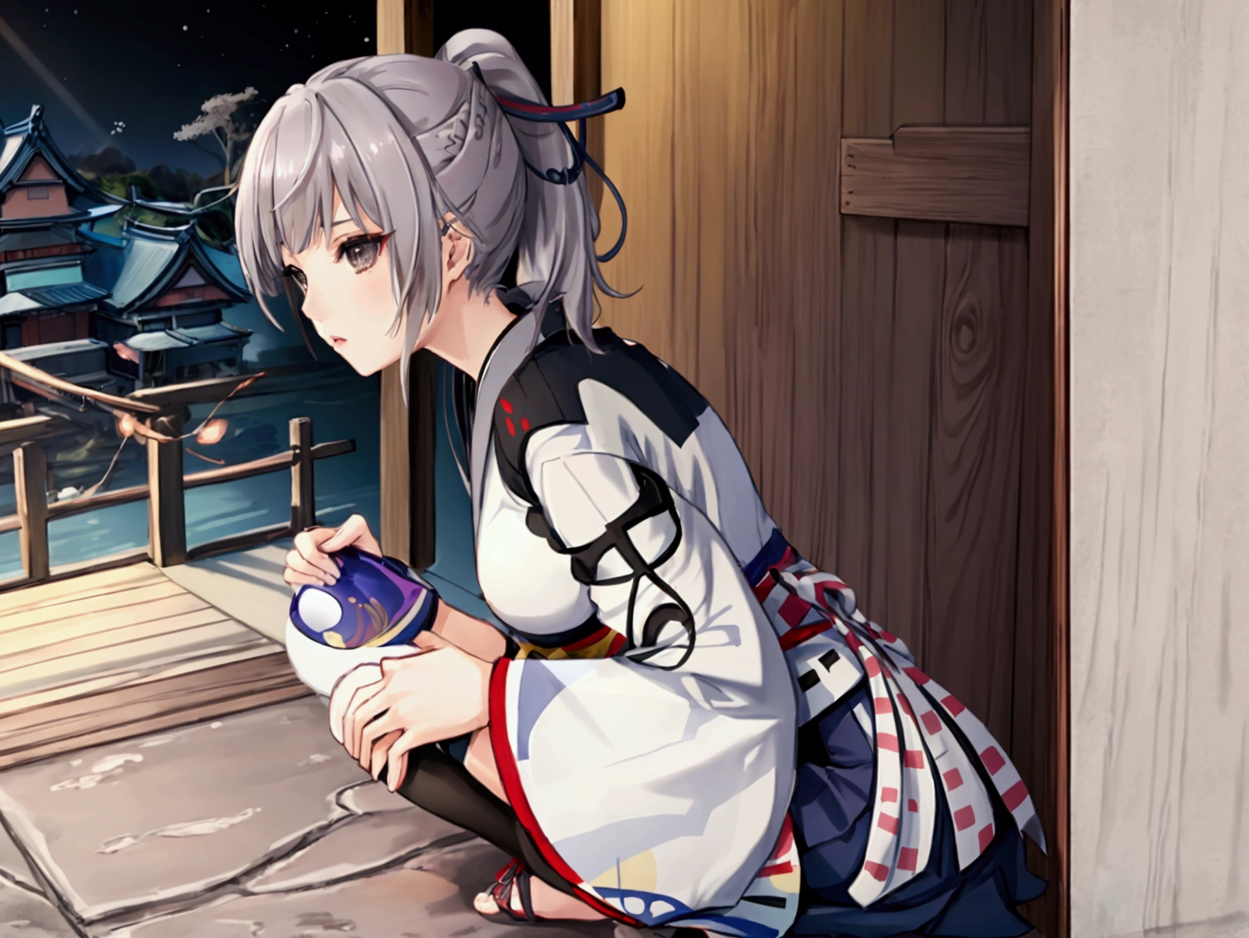 One girl, kimono, ponytail ,Gray Hair, Grey Eyes, wallpaper, Japanese Castle, landscape, Depth of written boundary, night,Shinsengumi, Haori, team uniform, Particles of light, Perfect hands, Side Lighting, destiny \(series\), Genshin Impact, Usakura Oni, Open jacket, skirt, Knee socks, cloud,
