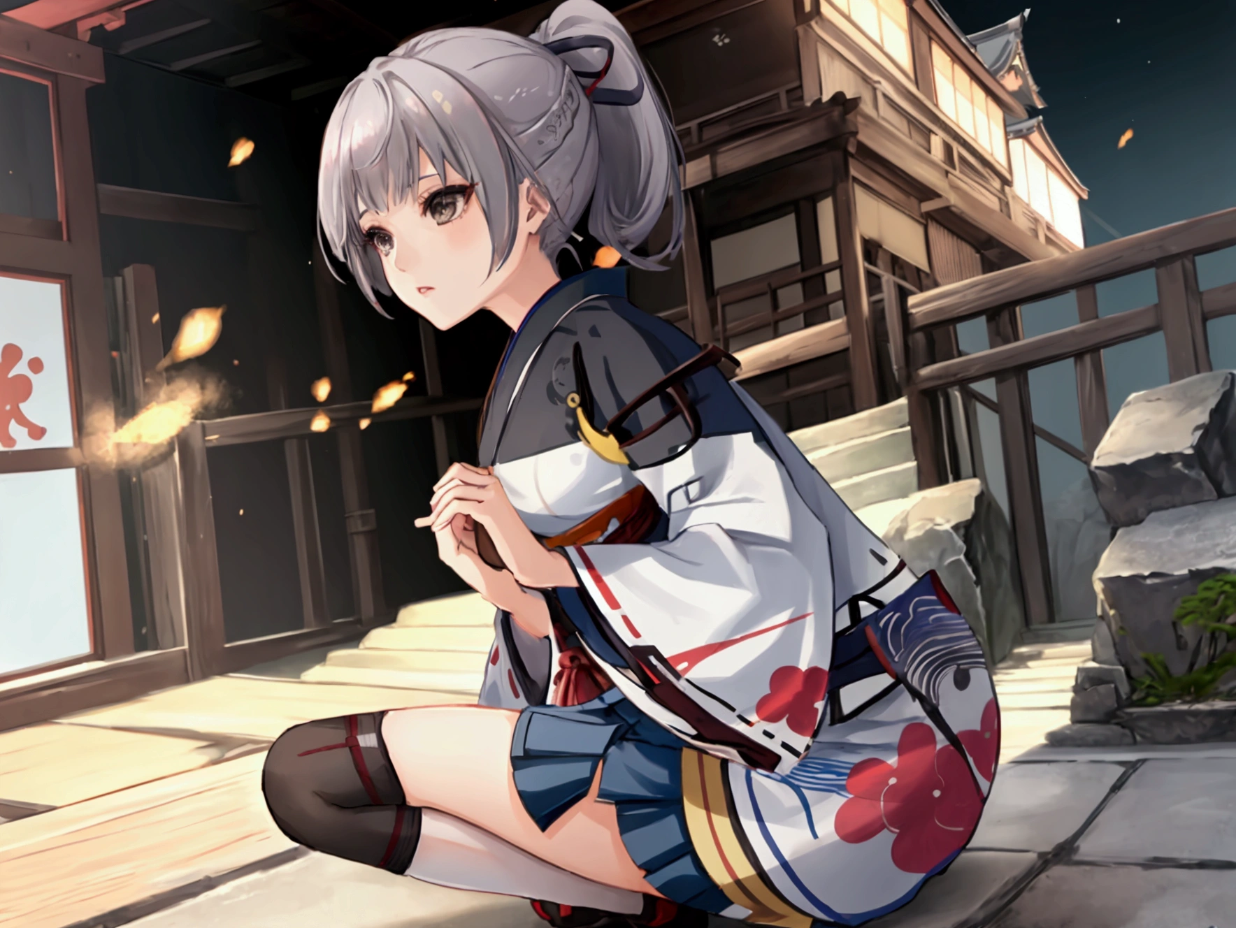 One girl, kimono, ponytail ,Gray Hair, Grey Eyes, wallpaper, Japanese Castle, landscape, Depth of written boundary, night,Shinsengumi, Haori, team uniform, Particles of light, Perfect hands, Side Lighting, destiny \(series\), Genshin Impact, Usakura Oni, Open jacket, skirt, Knee socks, cloud,
