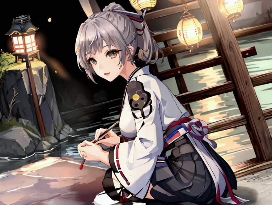 One girl, kimono, ponytail ,Gray Hair, Grey Eyes, wallpaper, Japanese Castle, landscape, Depth of written boundary, night,Shinsengumi, Haori, team uniform, Particles of light, Perfect hands, Side Lighting, destiny \(series\), Genshin Impact, Usakura Oni, Open jacket, skirt, Knee socks, cloud,
