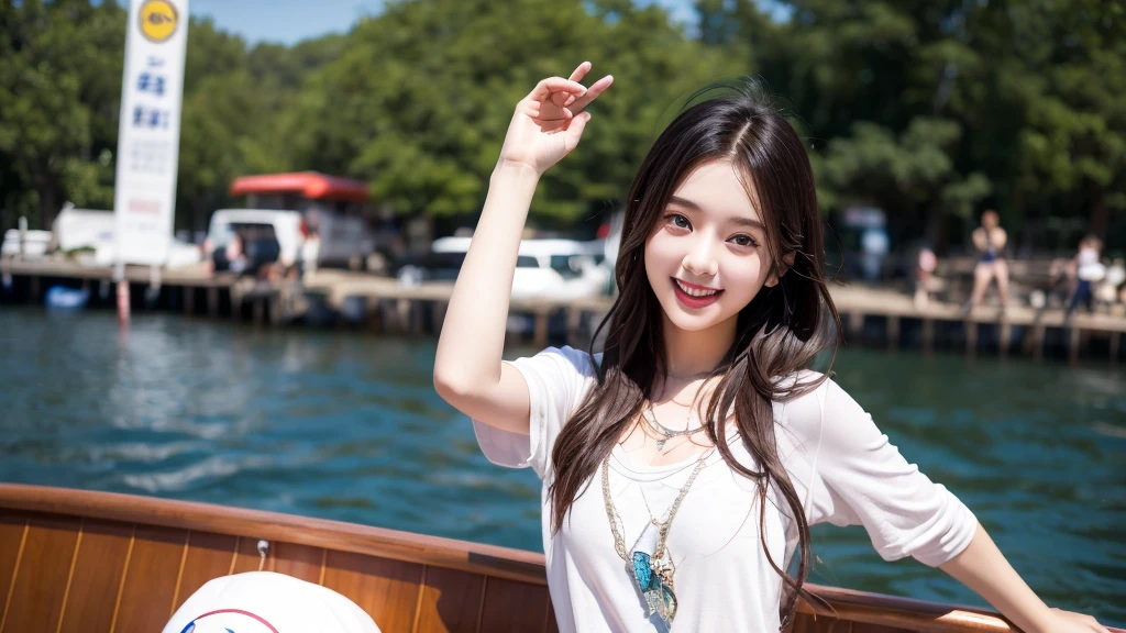 Singing on the boat、A cute smiling 20-year-old girl、Rock clothes、Physiologically correct body, Blur the background