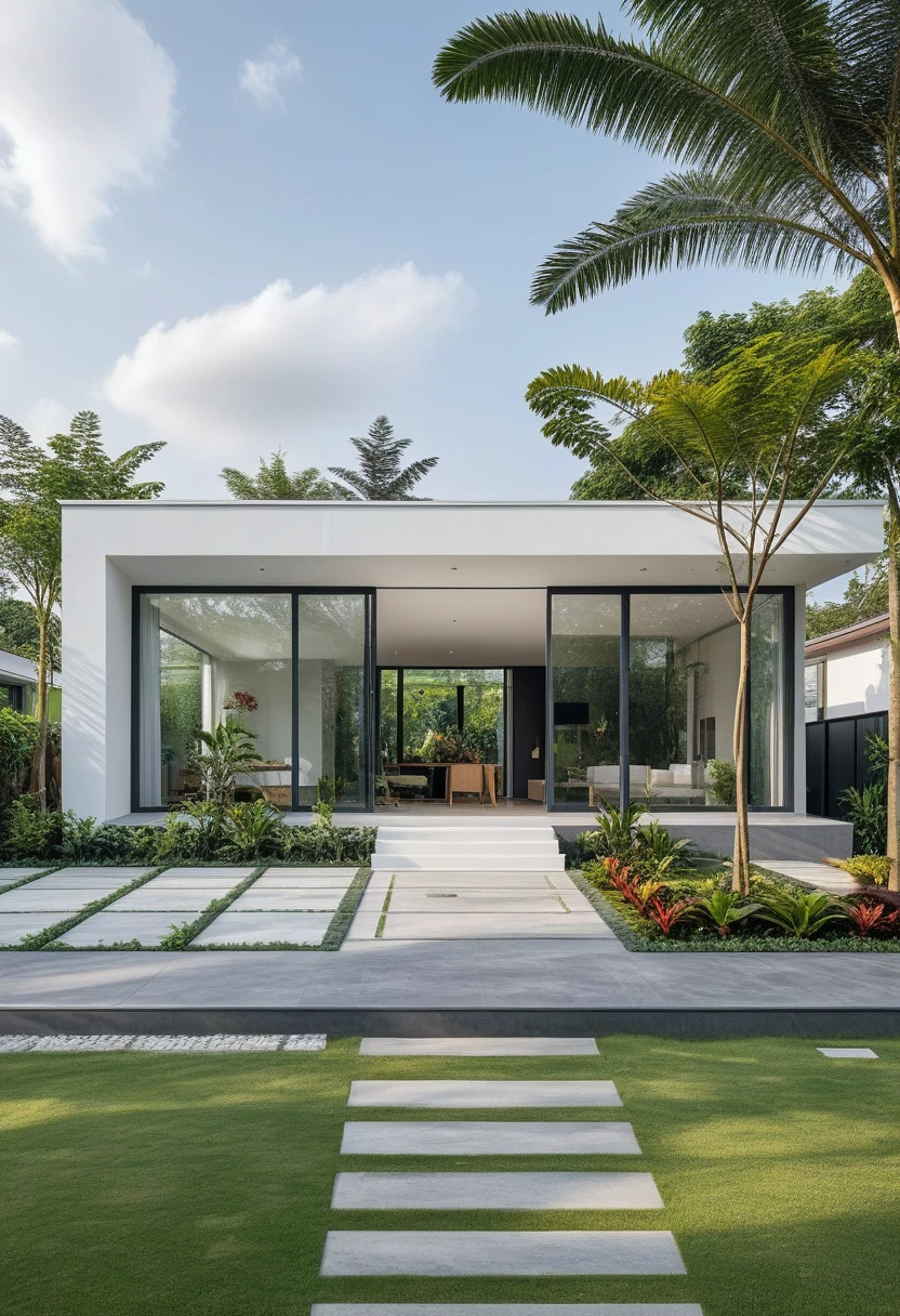 A hyper-realistic image of a modern one-story house with a minimalist design ,((with a facade less than 5 meters wide:1.2)), featuring a combination of white and glass materials. The house has a flat roof, large floor-to-ceiling glass windows, and a spacious front yard. The garden includes various tropical plants and trees. (house as the showroom mini furniture:1.2)