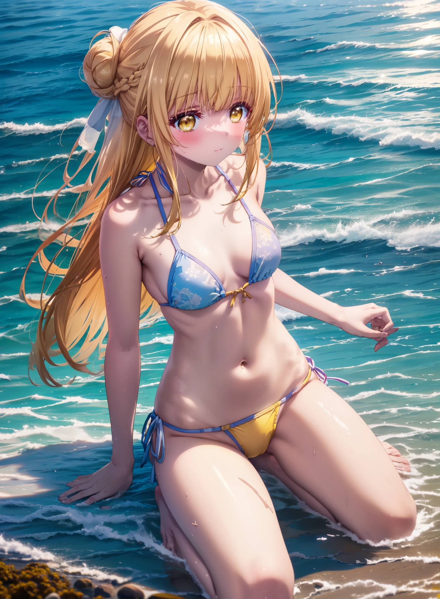 mahirushiina, Mahiru Shiina, Long Hair, bangs, Blonde, Brown Hair, (Yellow Eyes:1.3), smile,blush,Hair Bun, double Hair Bun,Yellow bikini swimsuit,barefoot,Water Play,Ocean,Sandy Beach,whole bodyがイラストに入るように,Wet Hair,Wet Skin,Wet swimsuit,
break outdoors, Beach,
break looking at viewer, whole body,(Cowboy Shot:1. 5)
break (masterpiece:1.2), Highest quality, High resolution, unity 8k wallpaper, (figure:0.8), (Beautiful attention to detail:1.6), Highly detailed face, Perfect lighting, Highly detailed CG, (Perfect hands, Perfect Anatomy),
