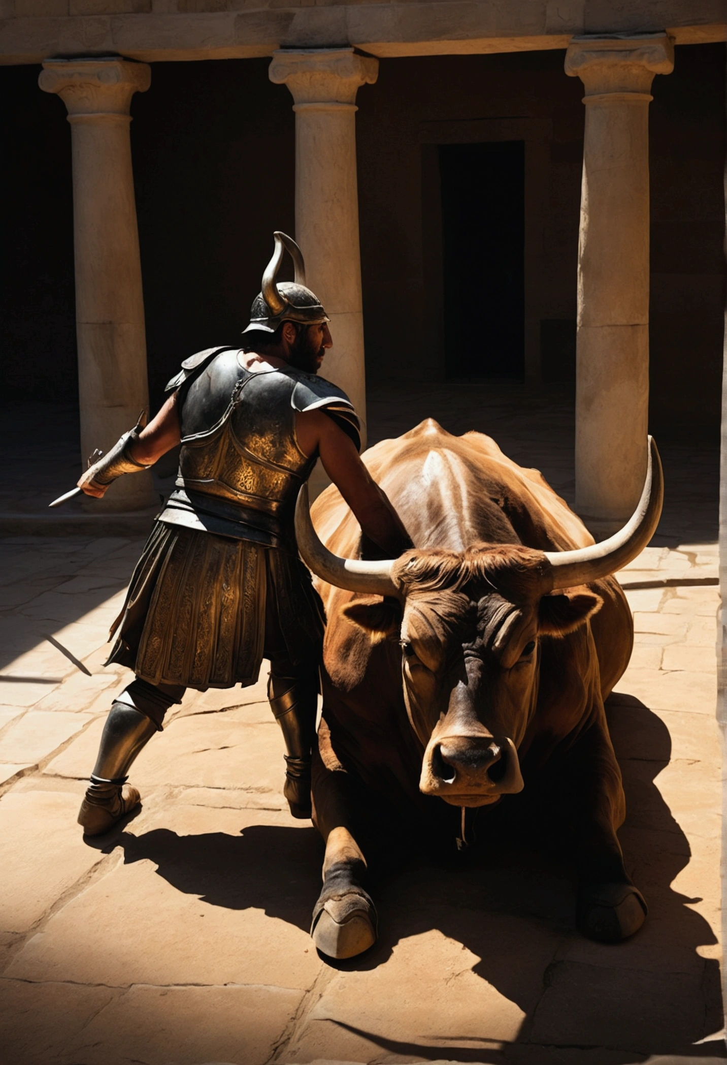 Image is a tense scene where a condemned person is being placed inside the Brazen Bull. Guards in Greek armor are pushing the terrified victim into the hollow bull. The lighting is ominous, casting long shadows.