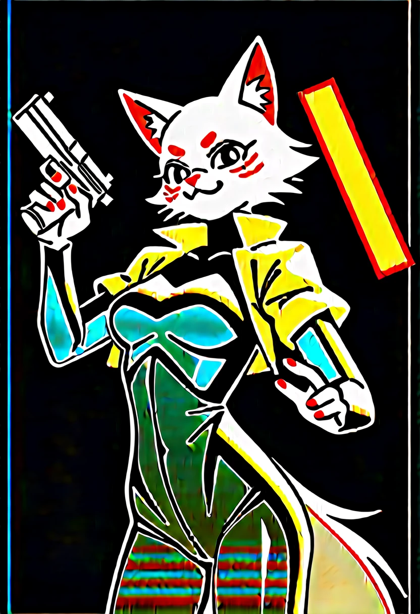 animation, Highest quality, Highest quality, High quality illustrations, masterpiece, Ultra-high resolution, Detailed Background, cyber cafe, Graffiti art on the wall, Absurd, Perfect Anatomy, performance, Good lighting, Shadows in the movies(kemono, Furry PersonifiCation), Cat, Blueskin, Yellow Rubber Suit, latex, neon, neonライト, neonカラー, Bodysuits, Cyber Suit, Mech Suit, Rubber Half Jacket, cyber punk, Holding a gun