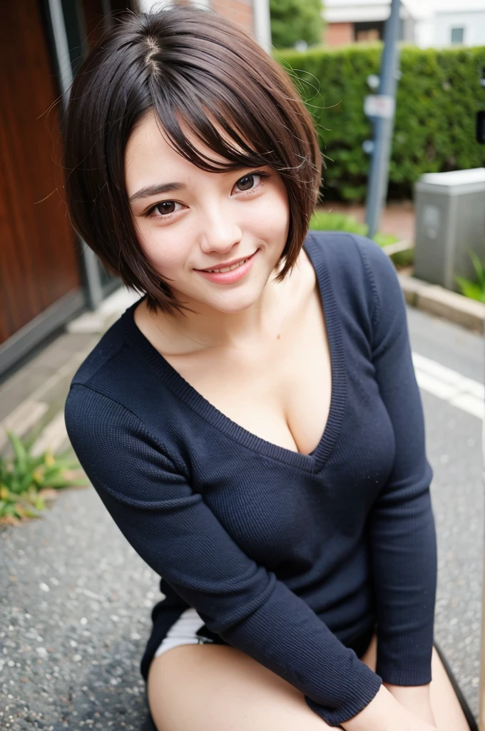 Top quality, 1 beautiful woman, super short Hair, shy Smile,  From Above