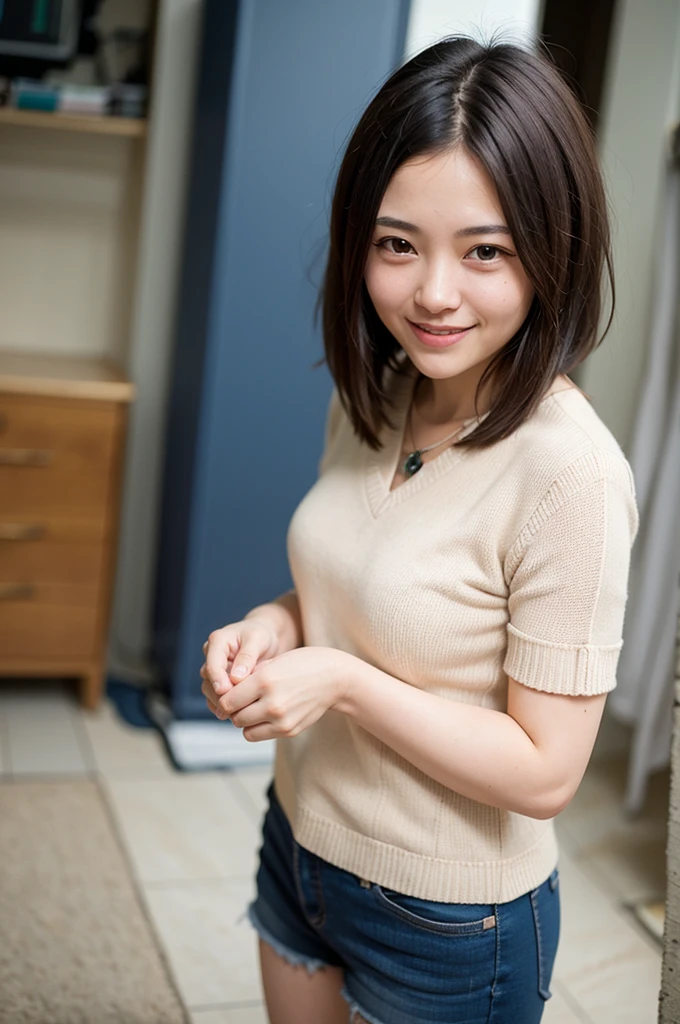 Top quality, 1 beautiful woman, super short Hair, shy Smile,  From Above