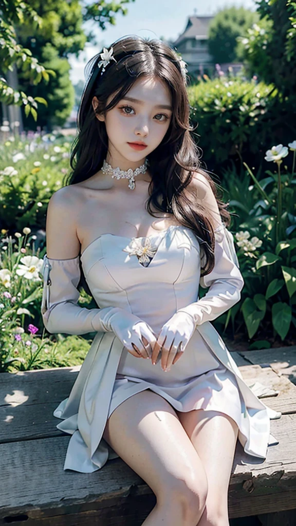 masterpiece, best quality, extremely detailed 8K wallpaper, 1girl, outdoors, Helena(Azur lane),strapless dress, dress, layered dress,white flower, hair ornament, purple eyes, (choker), outline, (black gloves), bare legs,