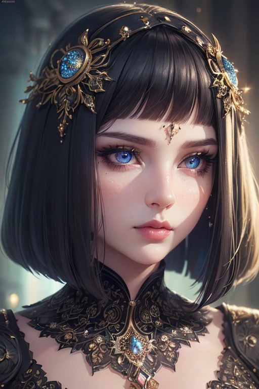 (1 Girl, Beautiful detailed eyes, Beautiful detailed lips, Highly detailed eyes and face, Long eyelashes, Bob cut, Cinematic lighting, Complex fractal patterns, Detailed skin textures, Decorative jewels, Fantasy background, Dreamy, Cinematic lighting, Digital art, Highly detailed, Award winning, 8k,. photorealistic)
