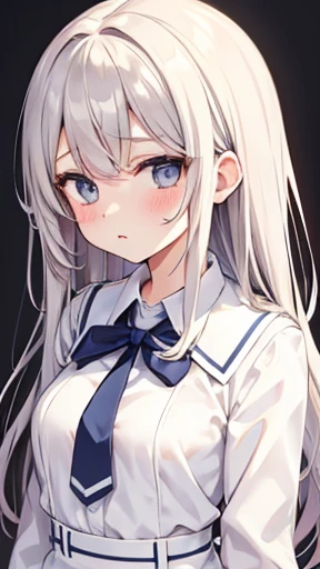 White uniform-style blouse、Junior high school girl&#39;A spring look with a pale pink sweater layered on top。Pair it with a navy blouson and a beige skirt.、Gives a clean and elegant impression。Long black hair、Large breasts