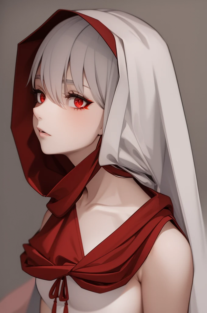 1girl, red_eyes, breasts, hood, bandages, solo, looking_at_viewer, bandaged_neck, cloak, white_hair, upper_body, red_cloak, bandaged_head, hooded_cloak, collarbone, medium_breasts, glowing_eyes, lips, glowing, parted_lips, blood, hood_up, open_clothes, long_hair