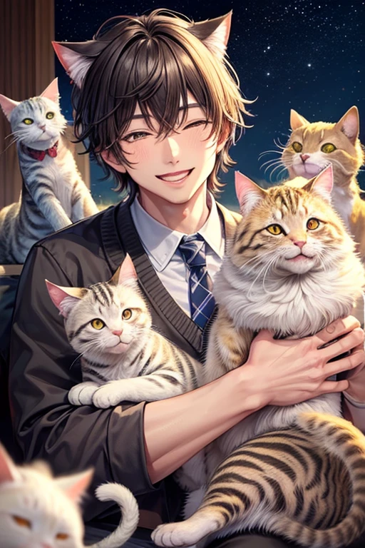 Lots of cats,Three cats,Man surrounded by cats,smile,Refreshing Men,Gentle expression,猫もsmile,