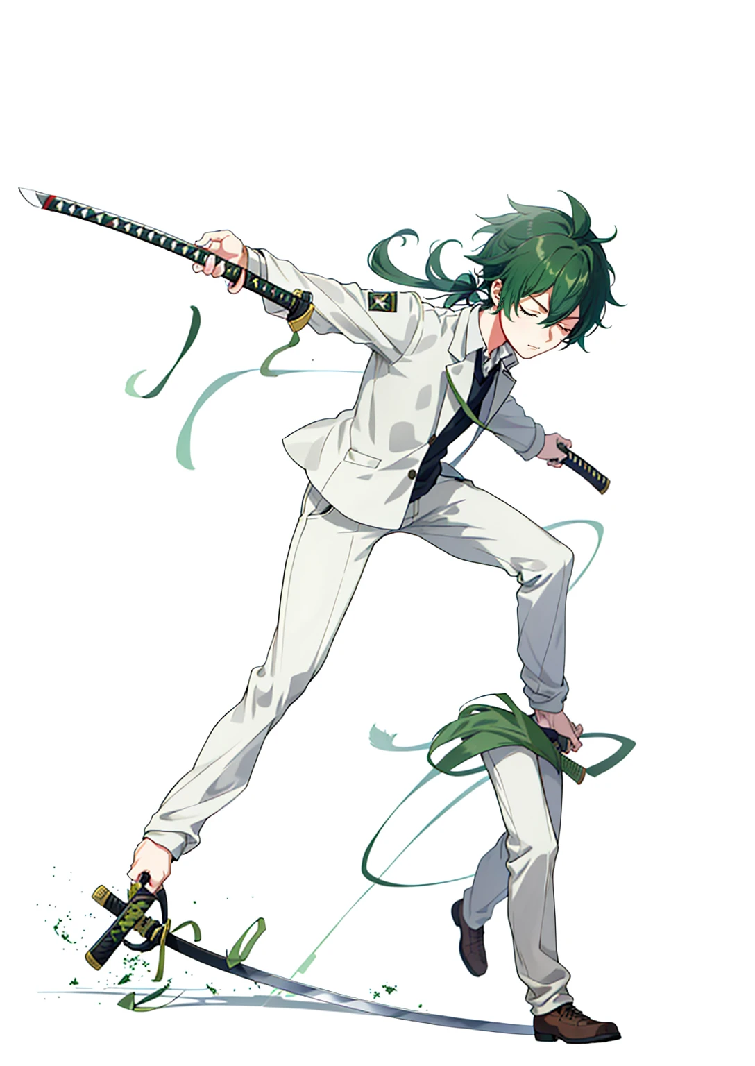 1 boy, 27 years old, full body, hair between eyes, dark green hair, Lower ponytail, collared shirt, slacks, safari jacket, closed eyes, katana, dynamic composition,