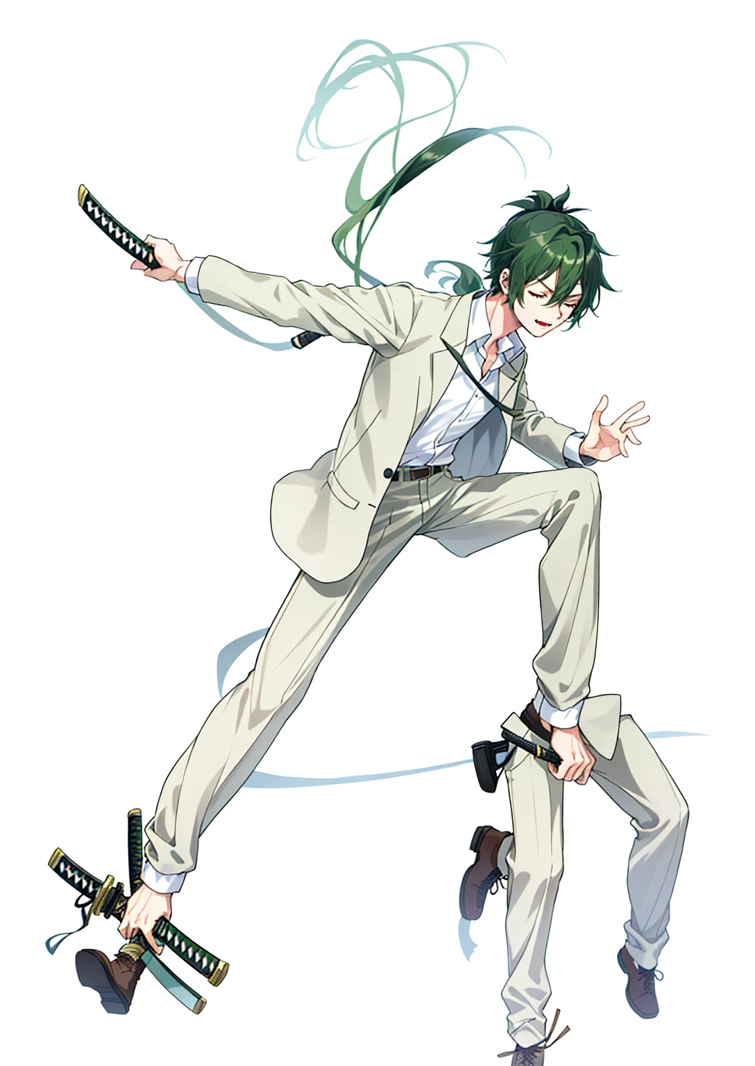 1 boy, 27 years old, full body, hair between eyes, dark green hair, Lower ponytail, collared shirt, slacks, safari jacket, closed eyes, katana, dynamic composition,