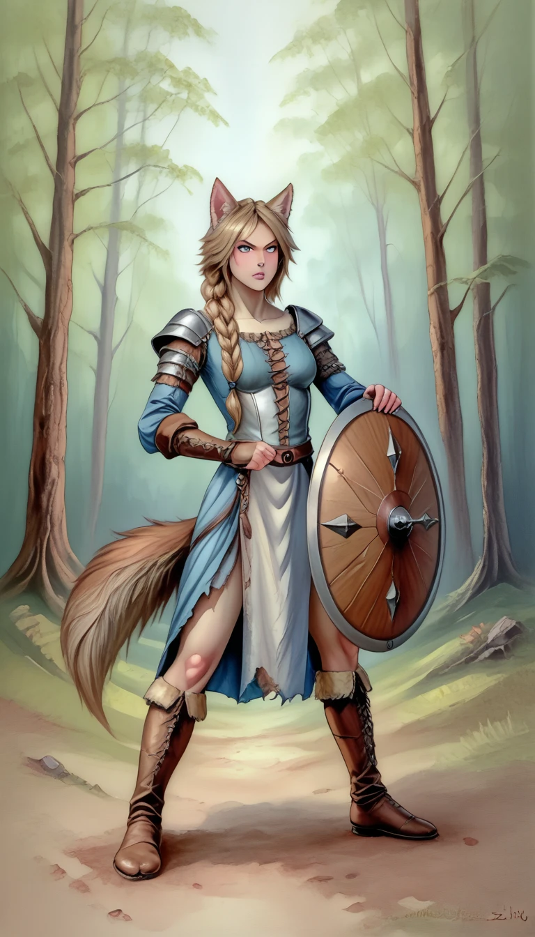 (zPDXL2),  score_9_up, painterly, faux traditional media, realistic, BREAK
1girl, solo, fullbody, (wolf:1.2), (long braided hair), grey eyes, (wolf ears, wolf tail), pale skin, medieval, fantasy, warrior leather clothes, holding weapon, holding shield, action pose, battle pose, damaged, forest background, BREAK
AissistXLv2, unaestheticXL_bp5, SimplePositiveXLv2, zPDXL2 PonyXLV6_Scores