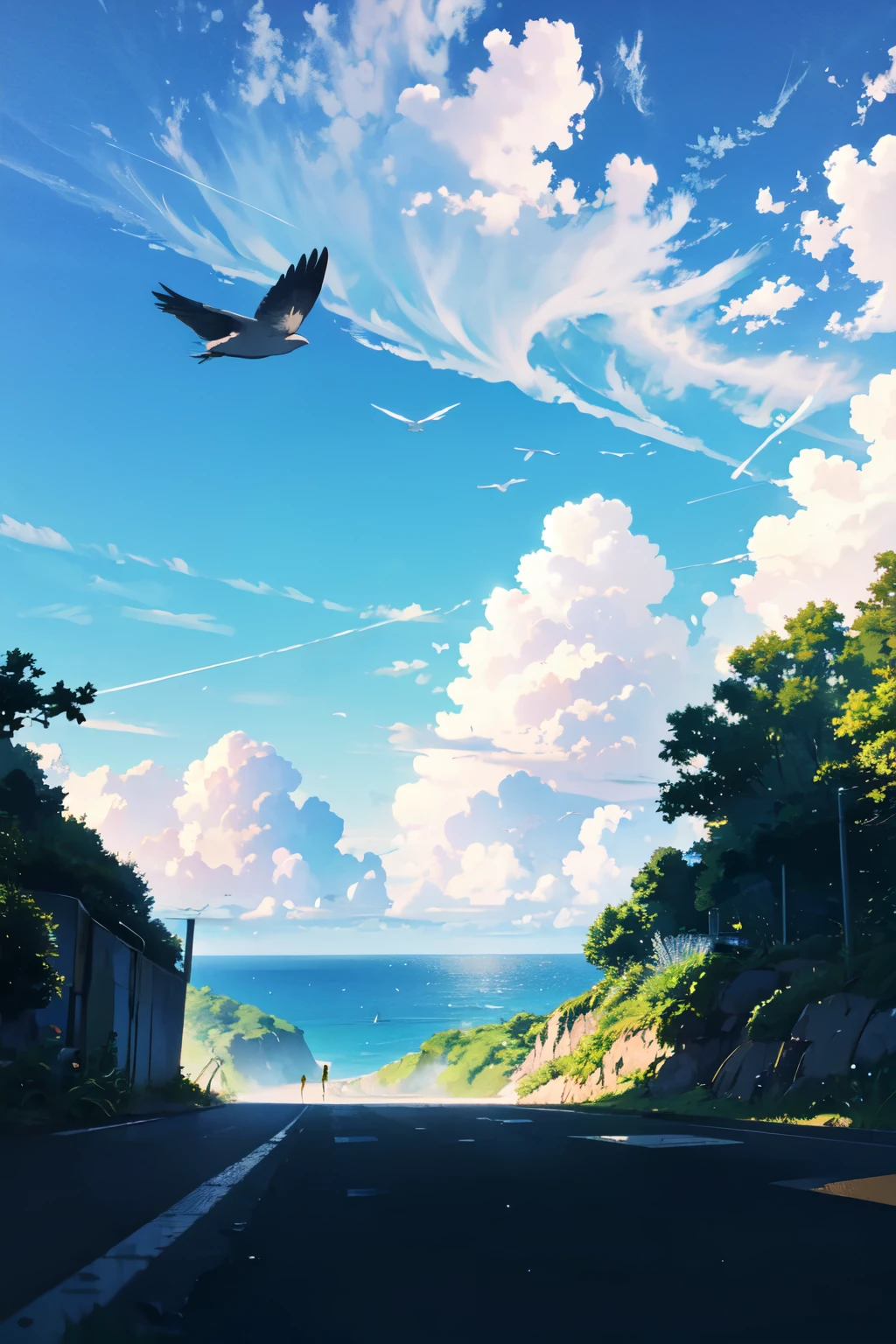 Blue sky，White Cloud，birds in the distance，Sea，Great prospects，Vision，A woman walks along the path towards the Sea，A bird flies overhead，The road is lined with green plants