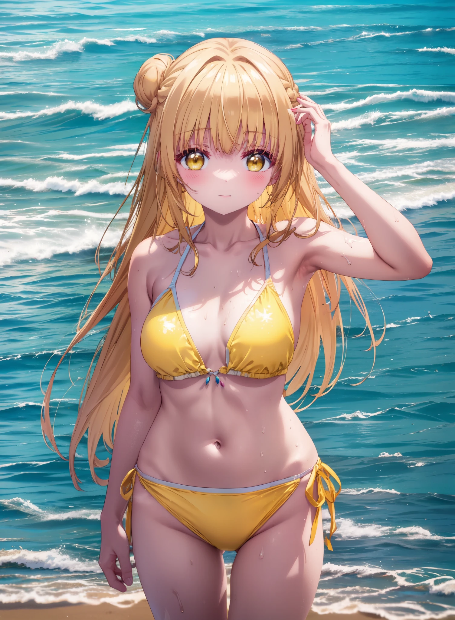 mahirushiina, Mahiru Shiina, Long Hair, bangs, Blonde, Brown Hair, (Yellow Eyes:1.3), smile,blush,Hair Bun, double Hair Bun,Yellow bikini swimsuit,barefoot,Water Play,Ocean,Sandy Beach,whole bodyがイラストに入るように,Wet Hair,Wet Skin,Wet swimsuit,
break outdoors, Beach,
break looking at viewer, whole body,(Cowboy Shot:1. 5)
break (masterpiece:1.2), Highest quality, High resolution, unity 8k wallpaper, (figure:0.8), (Beautiful attention to detail:1.6), Highly detailed face, Perfect lighting, Highly detailed CG, (Perfect hands, Perfect Anatomy),