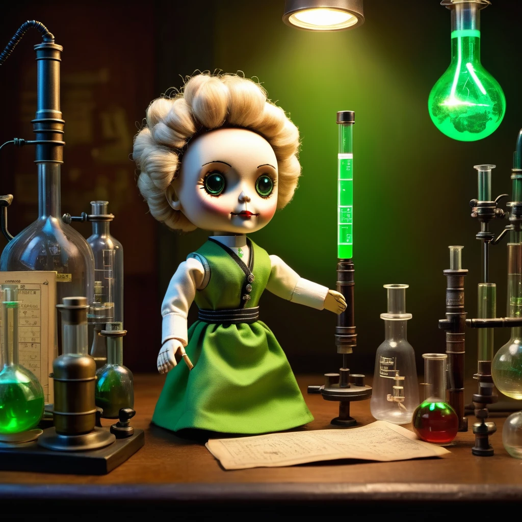 (knitted toy voodoo doll:1.5), (Voodoo Marie Curie:1.3), (Clothing: 19th-century scientist attire with atom patterns:1.0), (Accessories: enchanted test tube emitting a glowing green light, floating periodic table:1.1), (background: vintage laboratory with beakers, microscopes, and an atmosphere of scientific innovation:1.2), best quality, masterpiece, detailed soft oil painting, detailed background, dramatic cinematic lighting, soft edge lighting, professional, dramatic lighting, hard edge lighting, ultra quality, 4k,masterpiece, best quality, 8k, ultra highres, highres, extremely detailed
