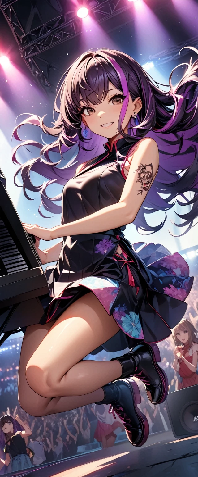 (highest quality:1.2, Very detailed, up to date, Vibrant, Ultra-high resolution, High Contrast, masterpiece:1.2, highest quality, Best aesthetics), Portraiture、girl、keyboard player、stage、performance、Rock Music、Bright colors、Beautiful fine details、Beautiful lip detail、long hair、black and purple ((streaked hair:1.6)), highlights hair: 1.5, brown eyes, slim body, (small breast:0.7), Music band、Cheerful pose、(raise left hand high:1), Concert Light、Edgy Style、(colorful Cheongsam:1.2), (no sleeve:1), Dynamic Movement、hypnotic sounds、Stadium、amplifier、Loud music、(playing keyboards:1.6), (Floral Fineline tattoo design on left arm:1), Passionate performance、Sparkling stage、Concert atmosphere、Music Festival、Full of emotion、Rock star attitude、Resolute expression、Avid Fan、The presence of an attractive stage、 Expressive gestures、Rock star aura、An exciting atmosphere、An unforgettable show, closs earing, (full body:1.5)