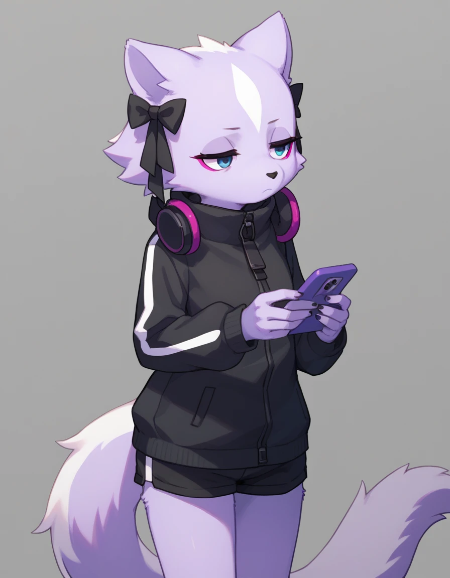 Solo, score_9,score_8_up, score_7_up, kemono style, Shikabane, light purple fur, jitome, eyes half open, magenta eyeliner, wearing black jacket, black short shorts, holding an iPhone, bored, simple grey background, black bows in hair, tail, standing 