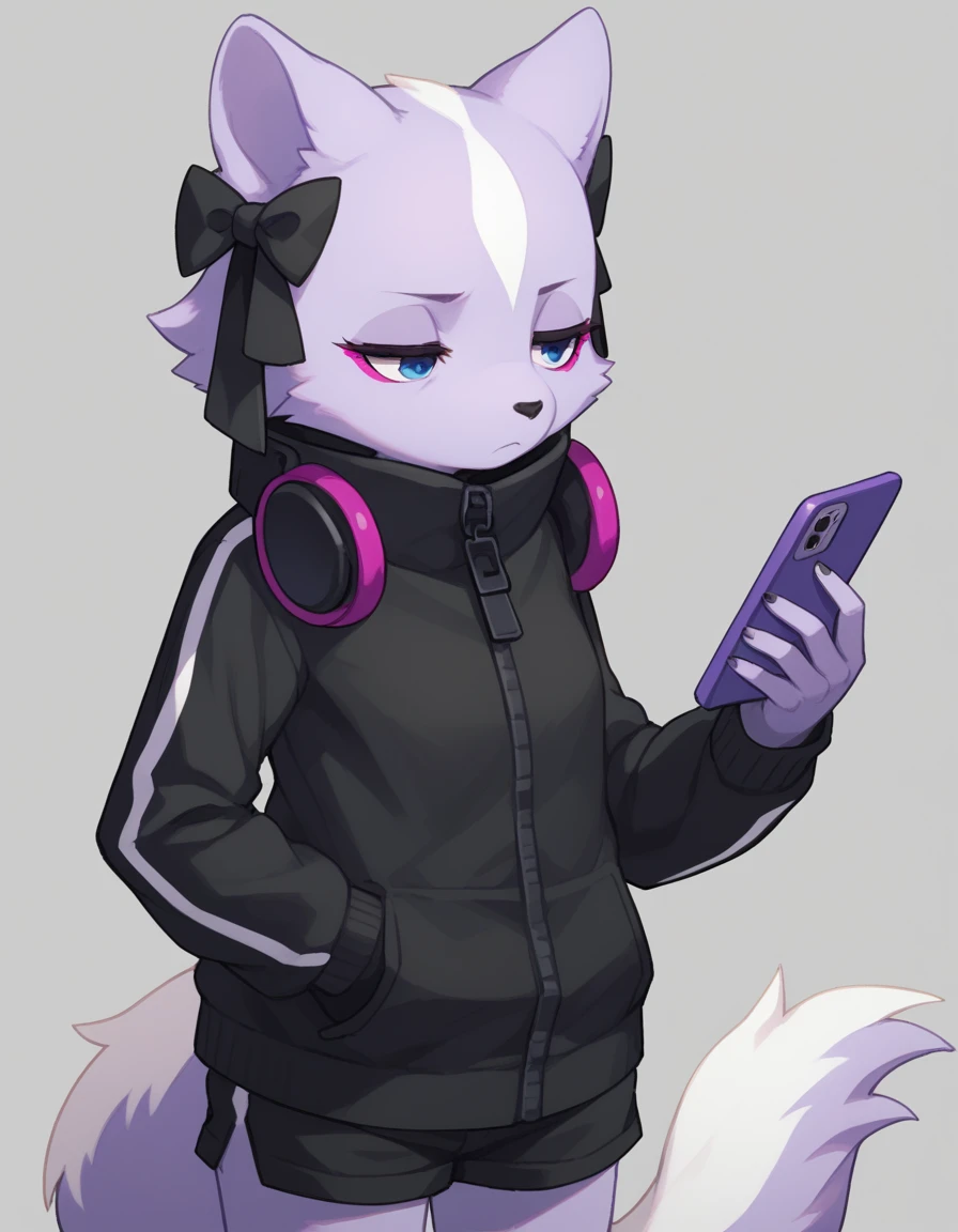 Solo, score_9,score_8_up, score_7_up, kemono style, Shikabane, light purple fur, jitome, eyes half open, magenta eyeliner, wearing black jacket, black short shorts, holding an iPhone, bored, simple grey background, black bows in hair, tail, standing 