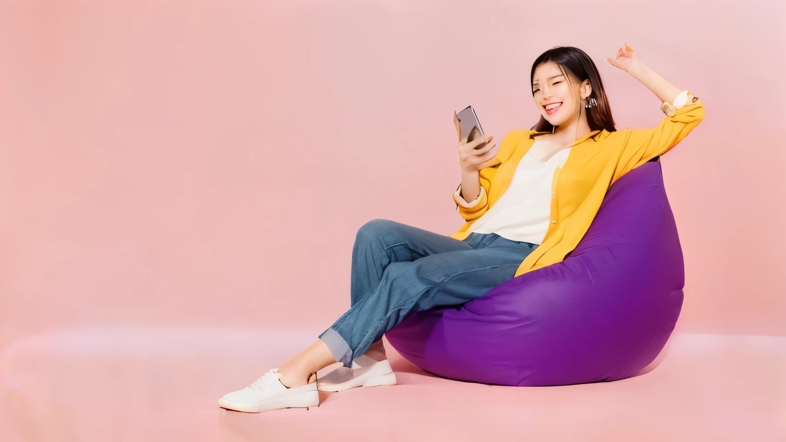 ((Ultrarealistic photography)), ((High Resolution Photography)), ((8K)), araffe woman sitting on a sofa chair and holding a cell phone, sitting relax and happy, woman is sitting, siting in a chair, teenager hangout spot, pop and vibrant colors, she expressing joy, relaxed pose, she is holding a smartphone, checking her phone, sitting in chair, in a comfortable chair, sitting in a chair, beautiful asian woman sitting, minimalist home as backgrounf