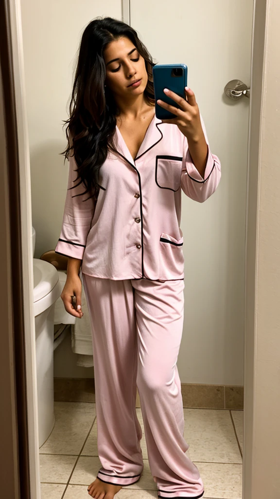A 6 feet tall beautiful girl with a big ass standing in tight pajamas.
