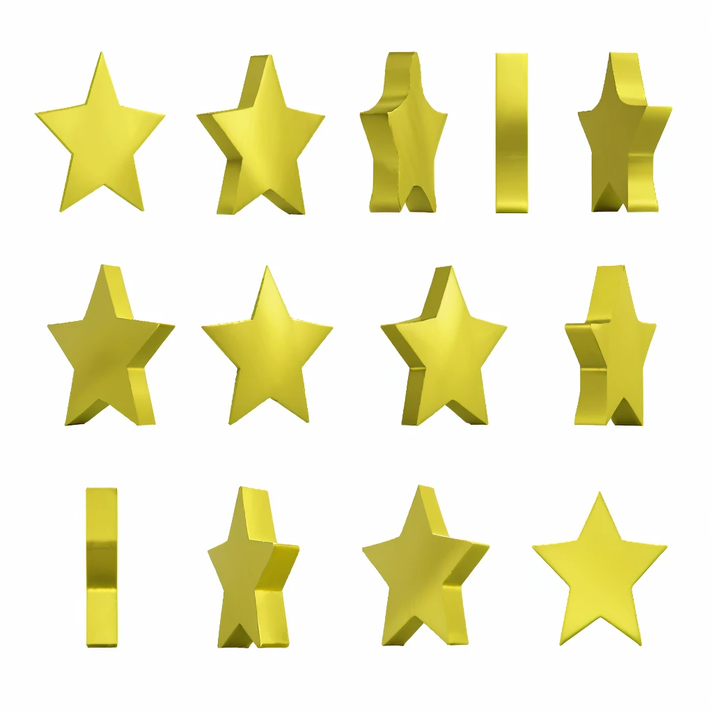 A series of 3D rotating chisel-hard beveled and embossed metal gold stars.