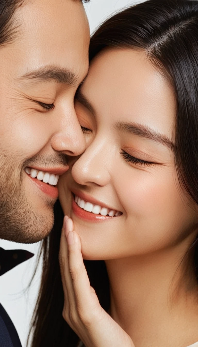 men and women２People face each other with their eyes closed, smiling and touching foreheads