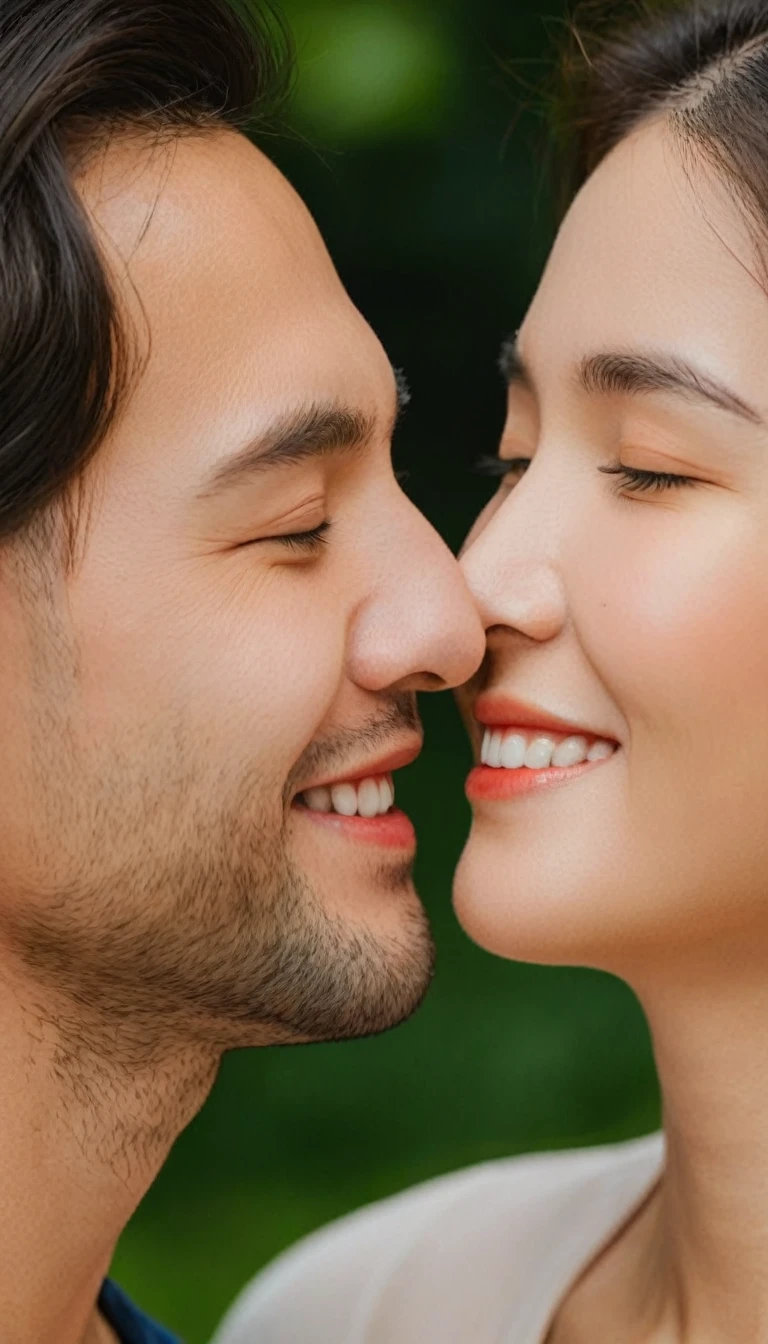 men and women２People face each other with their eyes closed, smiling and touching foreheads