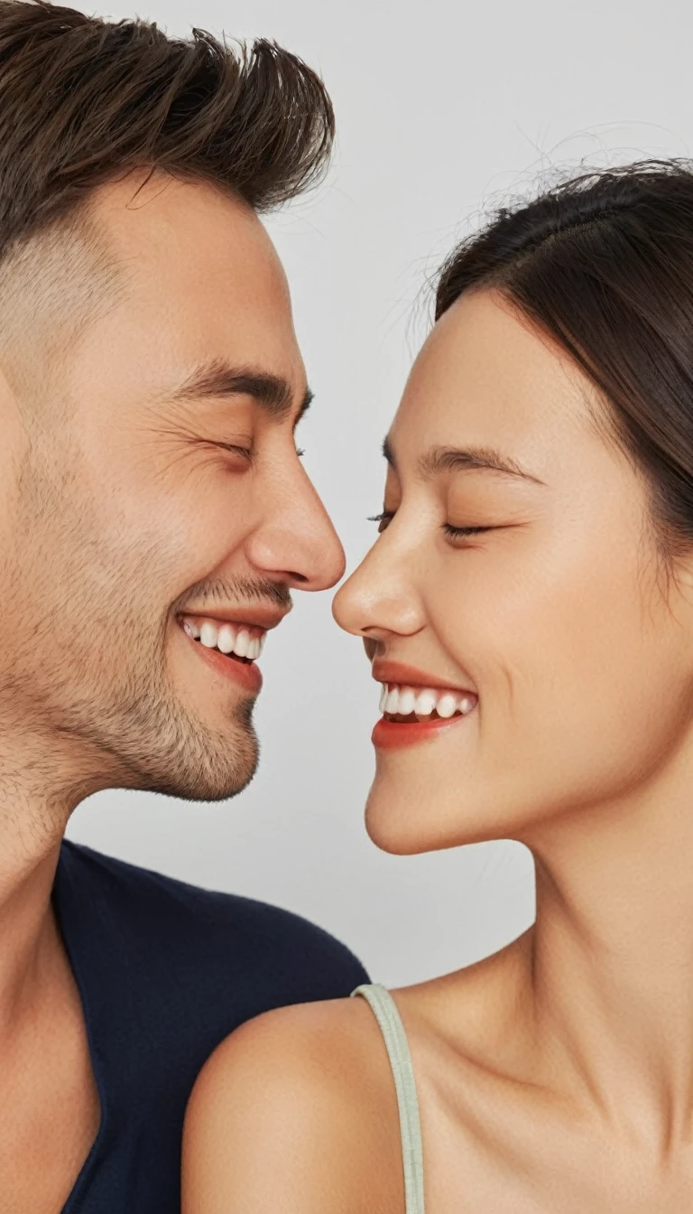 men and women2People face each other with their eyes closed, smiling and touching foreheads