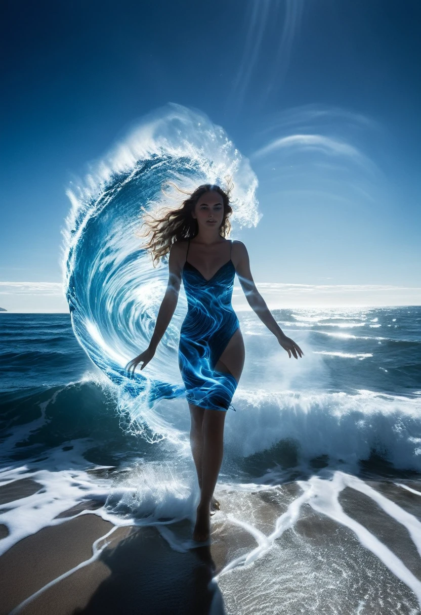 The goddess of the sea，Walking ashore from the sea，beautiful，Backlight，Surrealism，Godhead，Internet Wave，Blue-black tones，Light shining through the smoke，scattering，refraction，Diffuse，Tyndall effect，Brownian motion，beam，Dark Environment，Côte d'Azur，Blue and white ocean