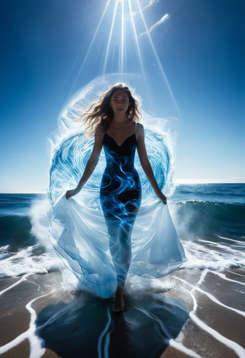 The goddess of the sea，Walking ashore from the sea，beautiful，Backlight，Surrealism，Godhead，Internet Wave，Blue-black tones，Light shining through the smoke，scattering，refraction，Diffuse，Tyndall effect，Brownian motion，beam，Dark Environment，Côte d'Azur，Blue and white ocean