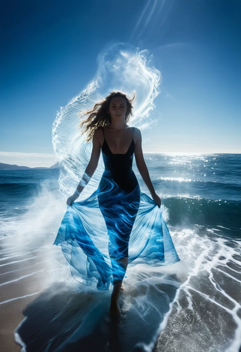 The goddess of the sea，Walking ashore from the sea，beautiful，Backlight，Surrealism，Godhead，Internet Wave，Blue-black tones，Light shining through the smoke，scattering，refraction，Diffuse，Tyndall effect，Brownian motion，beam，Dark Environment，Côte d'Azur，Blue and white ocean