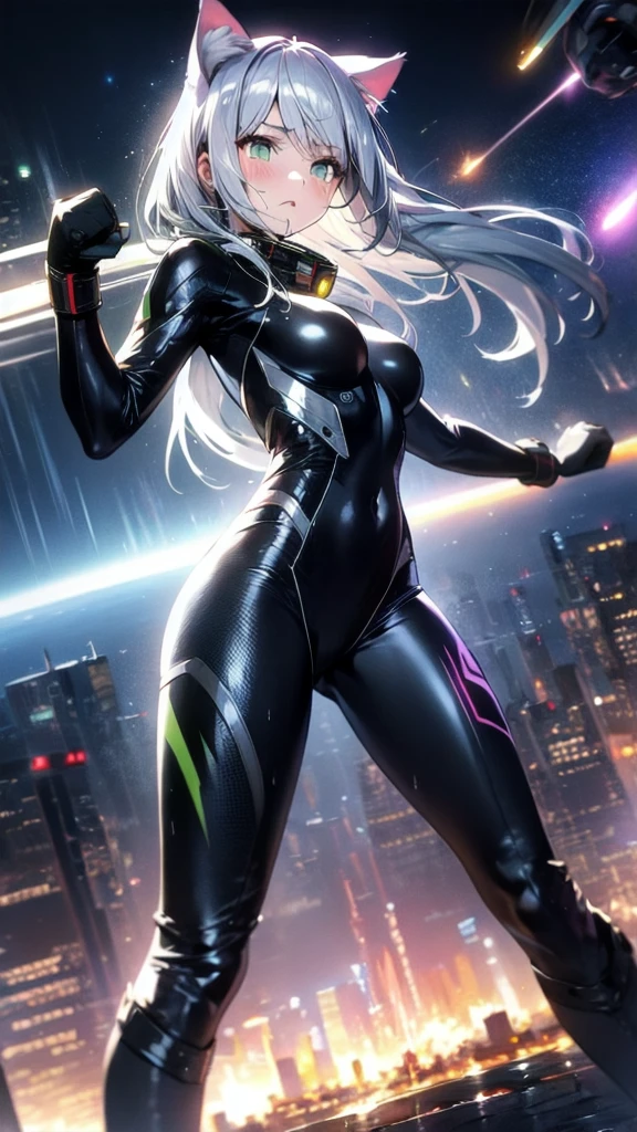 prompts A silver-haired beautiful girl with cat ears eyes are green hair is silver and long clothes: a form-fitting black combat suit The fist is an afterimage The background is a city at night her is in a cat-like fighting pose The year is 14 years monitor, Dark Night, Sweat, Steam of Exhalation, Space, Battle, Dynamic Angle one girl