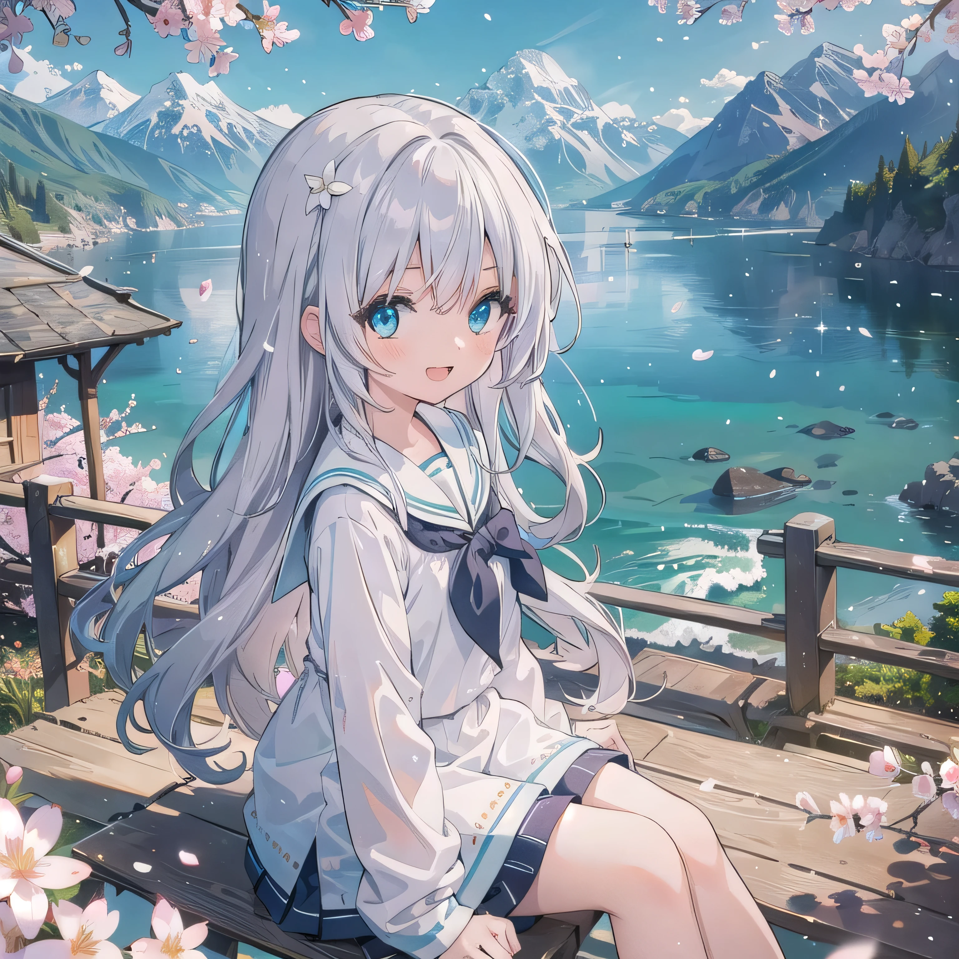 (masterpiece), scenery, mountainous horizon, cherry blossoms, petals, light particles, upper body, 1girl, sailor, wavy hair, floating hair, smile, sitting, open mouth, light particles, silver hair, aqua eyes, looking at viewer, face focus