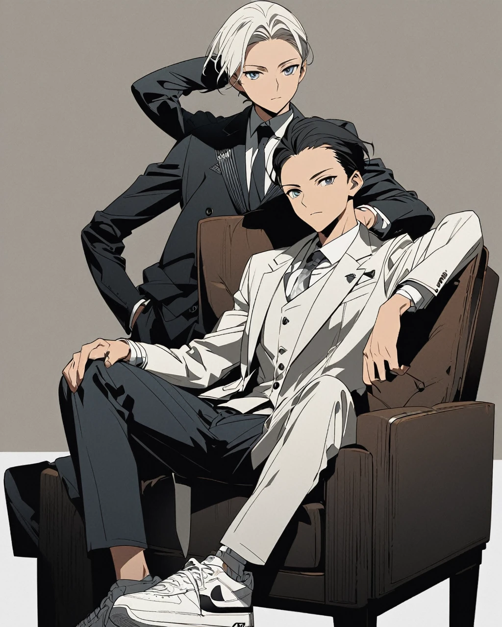 An anime-style illustration of a person sitting on a chair, wearing a stylish suit and white sneakers. The person is posing with one arm resting on the knee and the other arm behind their head. The background is plain and minimalist, highlighting the person. The illustration should capture the elegance and cool demeanor of the pose, with attention to the details of the suit and sneakers