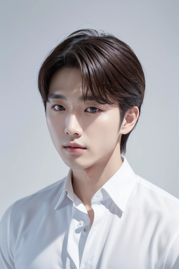 4K camera perfect face perfect skin Korean man white shirt 25 years old actor pure white background
