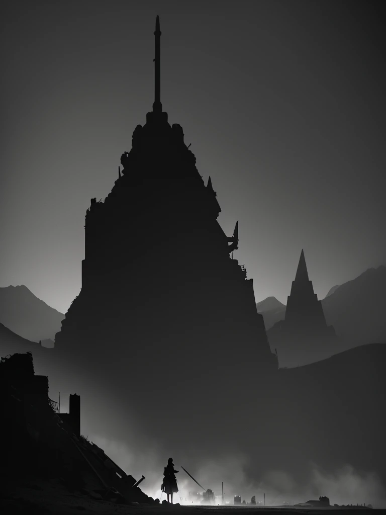 depict the character from behind, now closer, revealing more details. The character holds a sword, its hilt visible at their side. They stand calmly, gazing at the ruined city before them. Their posture is relaxed yet resolute, conveying a sense of quiet determination. The cloak continues to billow slightly in the wind, and the desolation of the city remains stark and haunting in the background. The closer view emphasizes the character's strength and the weight of their journey, inviting the reader to ponder their purpose in this devastated world.