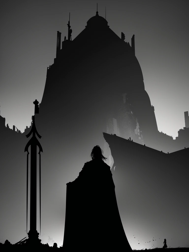 depict the character from behind, now closer, revealing more details. The character holds a sword, its hilt visible at their side. They stand calmly, gazing at the ruined city before them. Their posture is relaxed yet resolute, conveying a sense of quiet determination. The cloak continues to billow slightly in the wind, and the desolation of the city remains stark and haunting in the background. The closer view emphasizes the character's strength and the weight of their journey, inviting the reader to ponder their purpose in this devastated world.