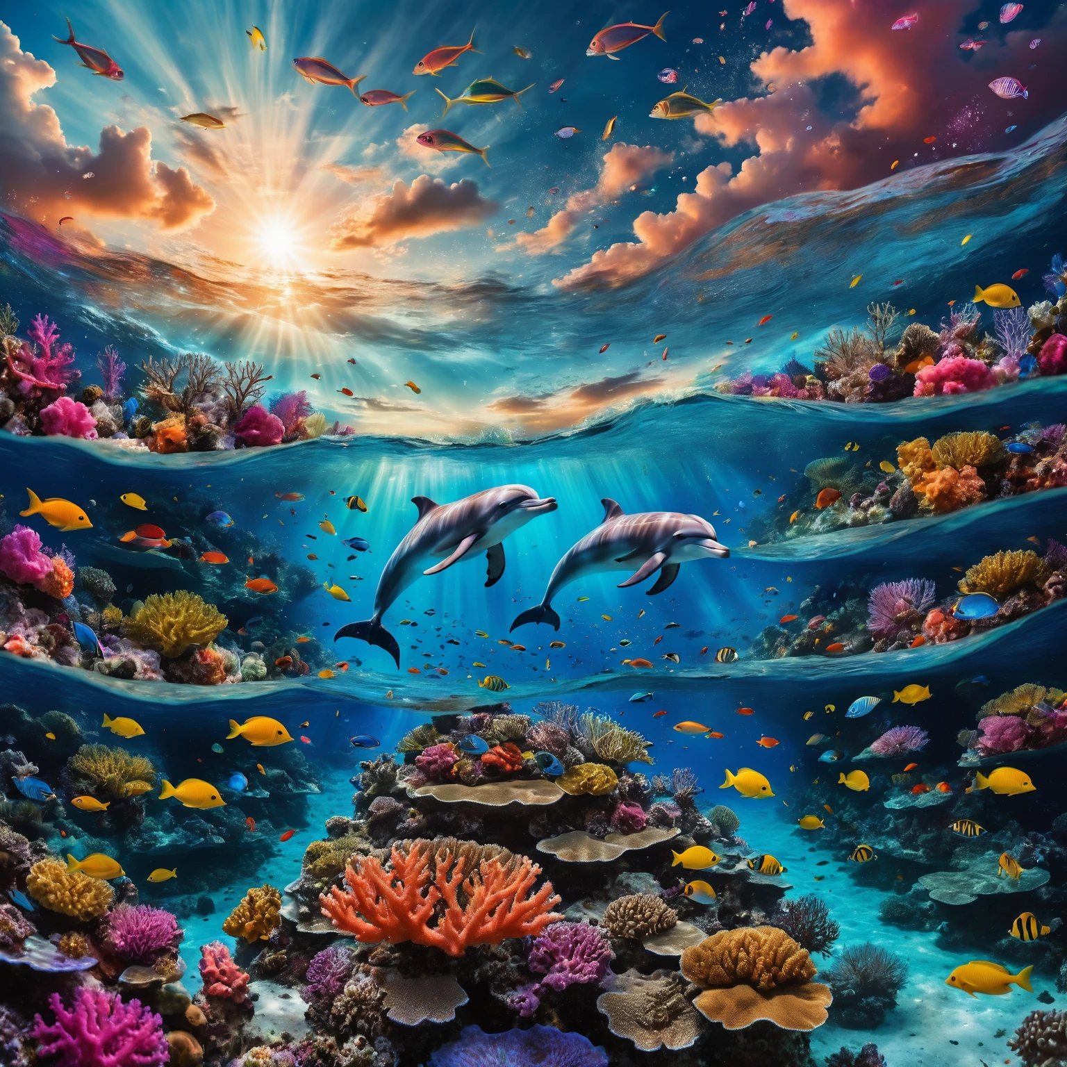 Surreal and vibrant digital artwork featuring an underwater scene with a cosmic twist. The layout is divided into two main sections: the underwater world and the sky above. The underwater section is teeming with colorful coral reefs, various species of fish, and A blonde woman in a bikini with fins, mask and snorkel, surrounded by small bioluminescent creatures dancing around her, leaving trails of light, exploring the marine life. The sky above the waterline is dominated by a large, mystical eye with a swirling galaxy around it, creating a sense of otherworldliness. A dolphin is seen leaping out of the water, adding to the dynamic nature of the scene. The colors are vivid and saturated, with a strong contrast between the deep blues of the ocean and the bright, multicolored corals and fish. Shimmering mist: A mist envelops the scene, lending it an ethereal quality. best quality, 8k, masterpiece, hight resolution.