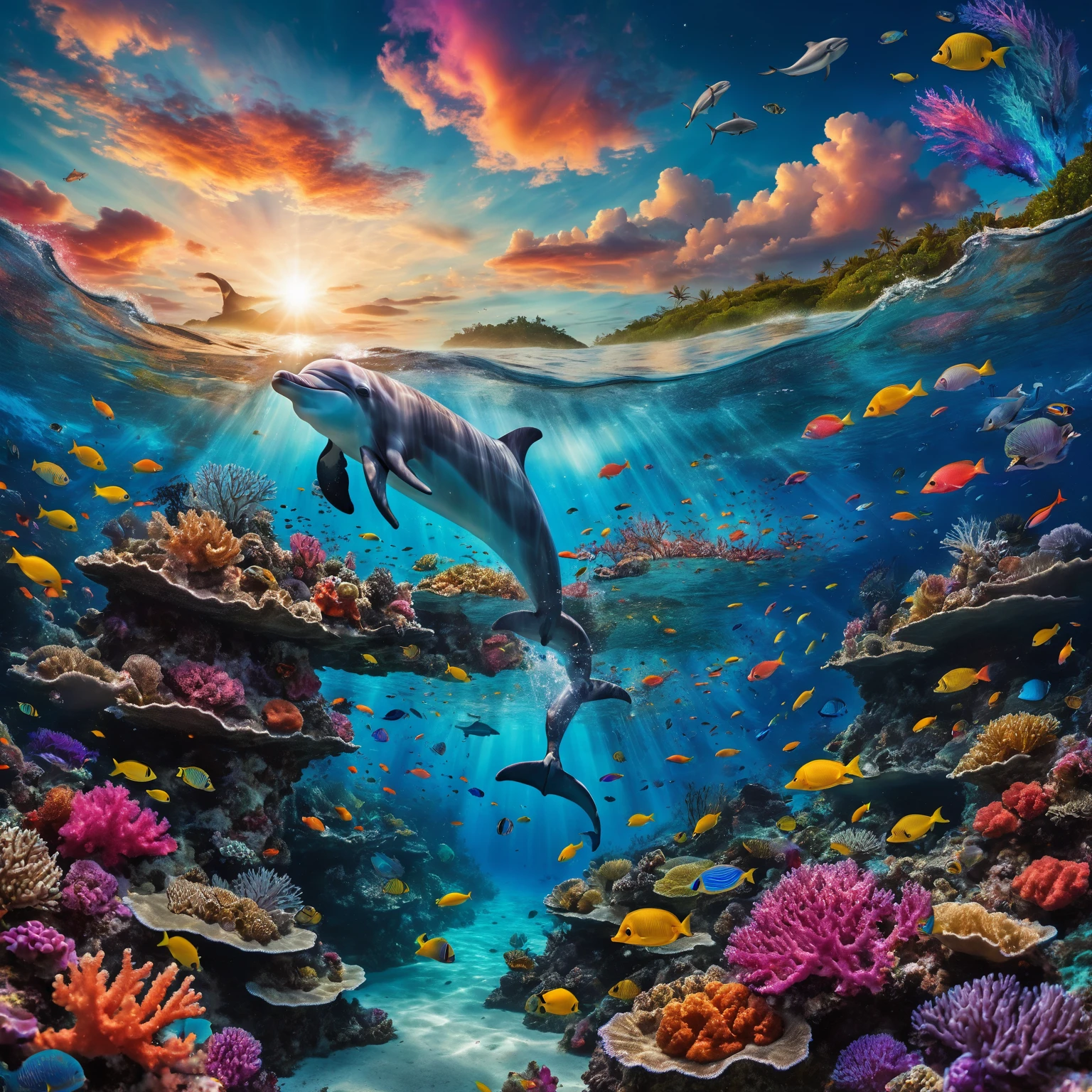Surreal and vibrant digital artwork featuring an underwater scene with a cosmic twist. The layout is divided into two main sections: the underwater world and the sky above. The underwater section is teeming with colorful coral reefs, various species of fish, and A blonde woman in a bikini with fins, mask and snorkel, surrounded by small bioluminescent creatures dancing around her, leaving trails of light, exploring the marine life. The sky above the waterline is dominated by a large, mystical eye with a swirling galaxy around it, creating a sense of otherworldliness. A dolphin is seen leaping out of the water, adding to the dynamic nature of the scene. The colors are vivid and saturated, with a strong contrast between the deep blues of the ocean and the bright, multicolored corals and fish. Shimmering mist: A mist envelops the scene, lending it an ethereal quality. best quality, 8k, masterpiece, hight resolution.