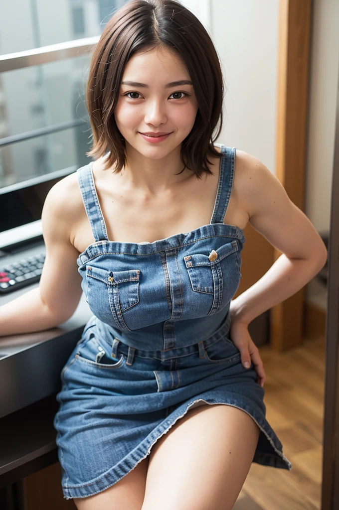 Highest quality、、 Compensate、masterpiece、Ultra-high resolution、Clear photos、Natural light、Very cute girl、The cutest Erina Mano、、(Large Breasts)、Slender body、Tight waist、Very short bob cut、Brown Hair、smile、Delicate face、Beautiful Skin、(Naked and wearing overalls:1.4)、slouch、Her cleavage is visible、living room、Head to knee photo:1.8