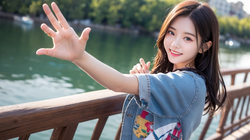 Singing on the boat、A cute smiling 20-year-old girl、Rock clothes、Physiologically correct body, Blur the background、Beautiful 5 fingers