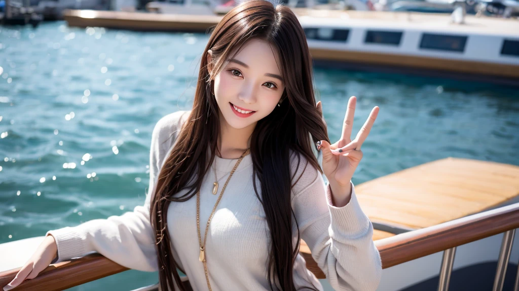 Singing on the boat、A cute smiling 20-year-old girl、Rock clothes、Physiologically correct body, Blur the background、Beautiful 5 fingers