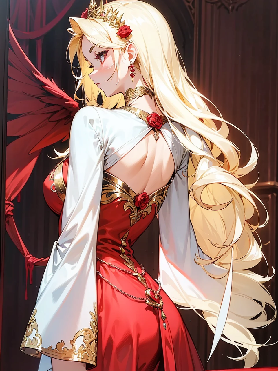 Add in roses to her dress, a good back dress design with some golden jewelry, make her dress into a red and white gown with a hat, give her some unique Jewelry, and make her look somewhat of a demonic angel like appearance to her