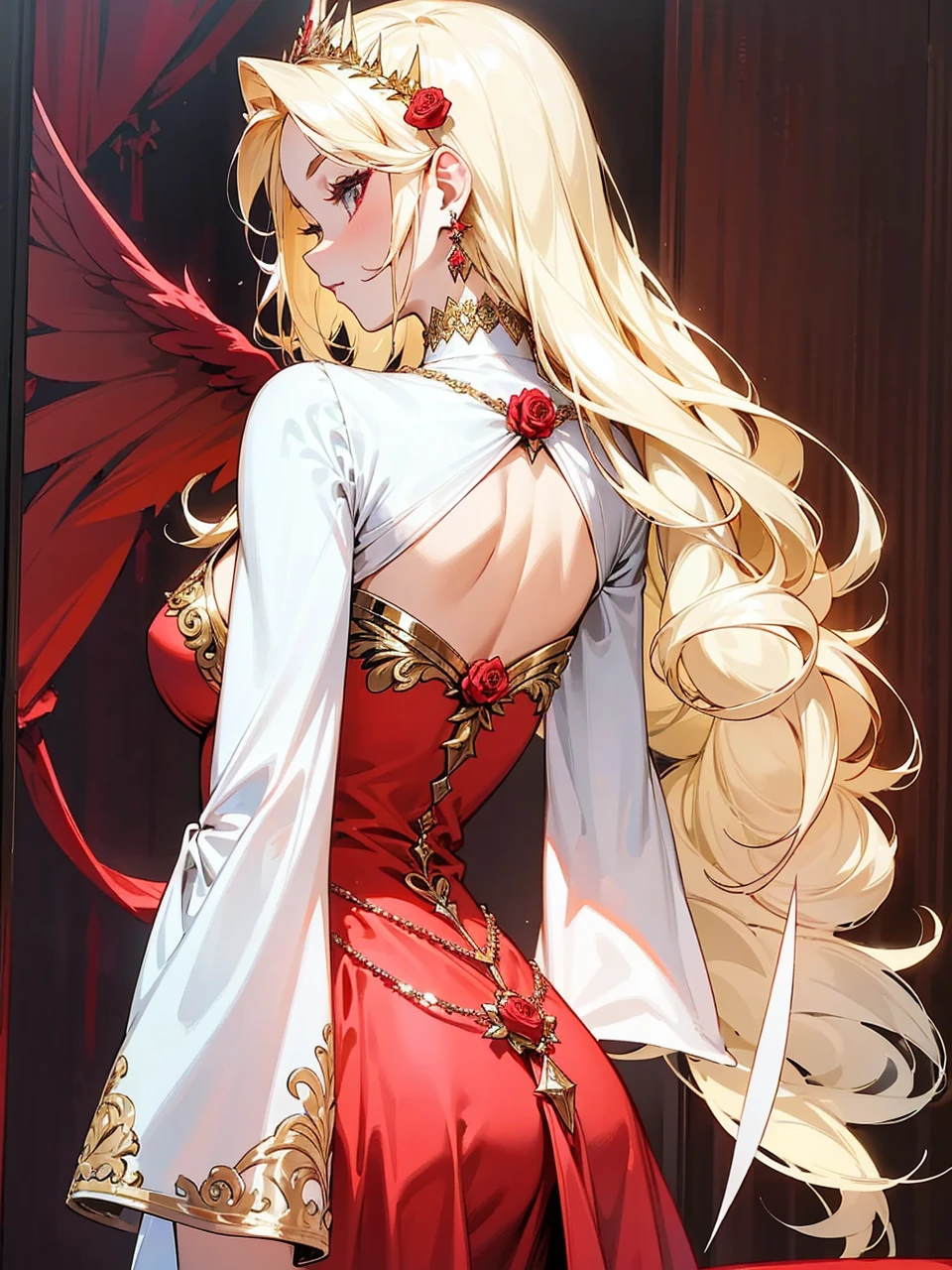 Add in roses to her dress, a good back dress design with some golden jewelry, make her dress into a red and white gown with a hat, give her some unique Jewelry, and make her look somewhat of a demonic angel like appearance to her