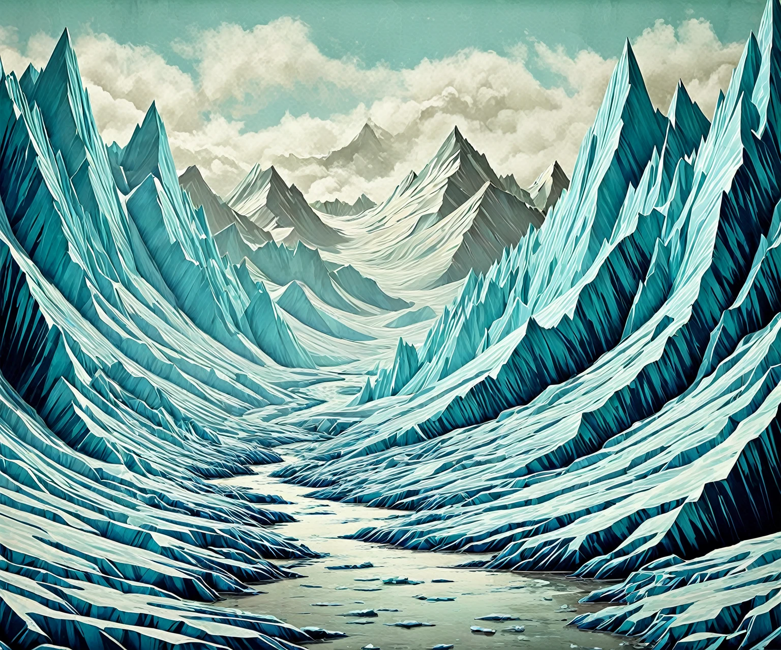 19. An urban decay scene in lowbrow style, showing glacier with paper textures and neutral color palette.