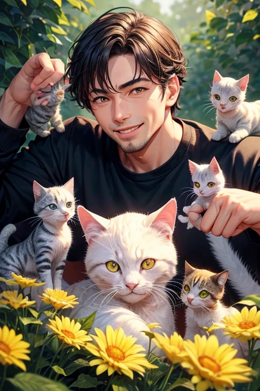 One man and three  cats,A man surrounded by small cats,Refreshing Men,Amazingly gentle smile,Mouth wide open,Cat smiles too,