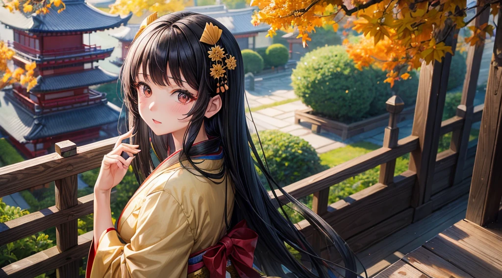 One girl, Long black hair, Brown eyes, Wearing a beautiful Japanese kimono, Gingko tree, Traditional buildings, High resolution, Super sharp, 8k, masterpiece, View your viewers